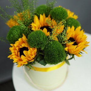 Композиция в шляпной коробке из подсолнухов и диантусов люкс в Пущино